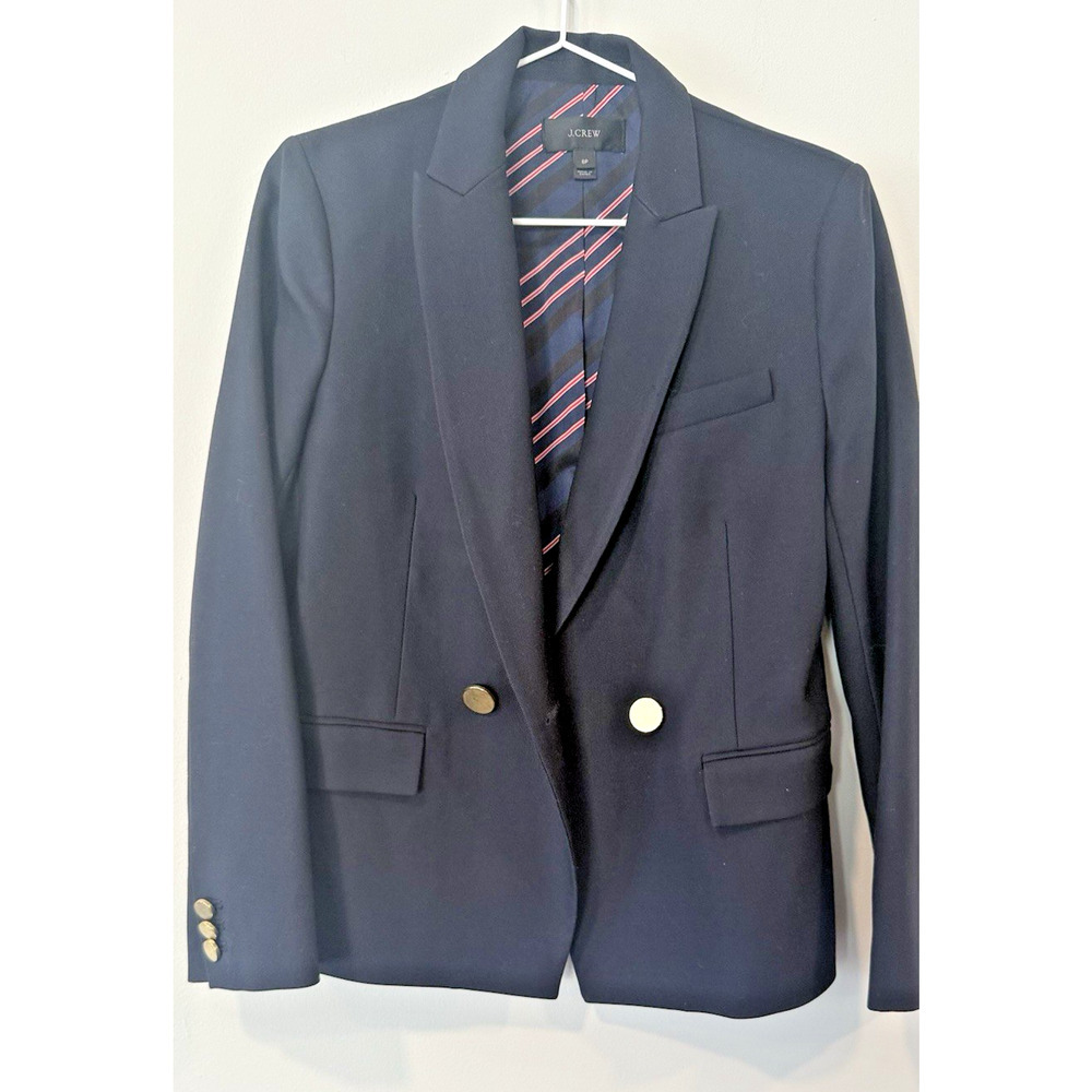 J.Crew Dover Double-Breasted 100% Wool Blazer Navy Blue Size 6 Petite 2824